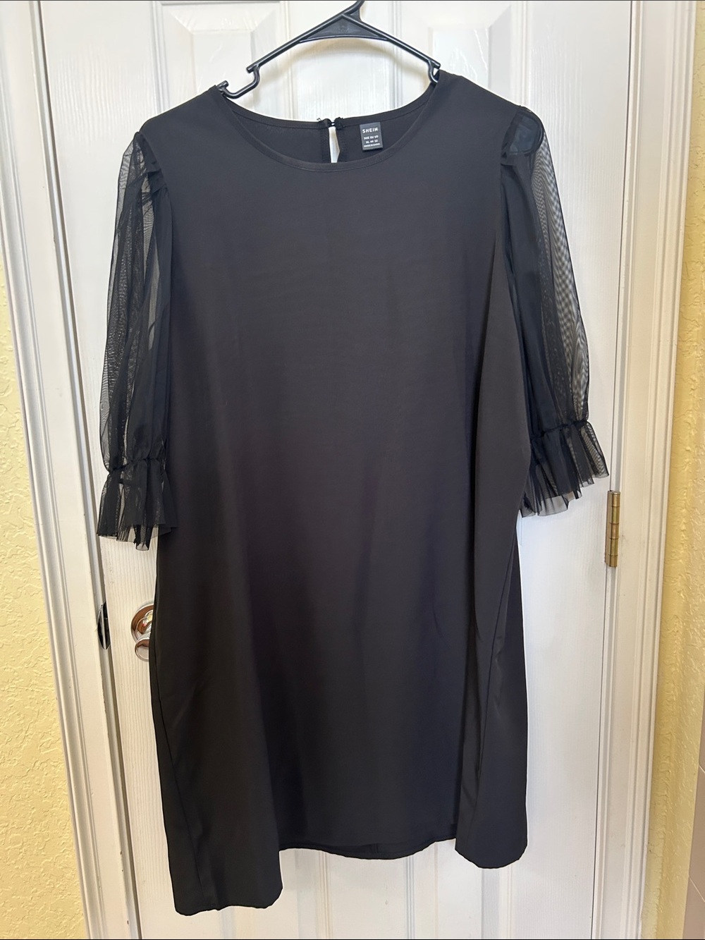 SHEIN Black Midi Dress with Sheer Ruffle Elbow Sleeves